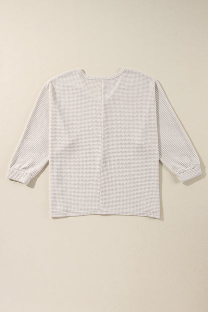 White Waffle Knit Side Slits Loose Fit V Neck Top