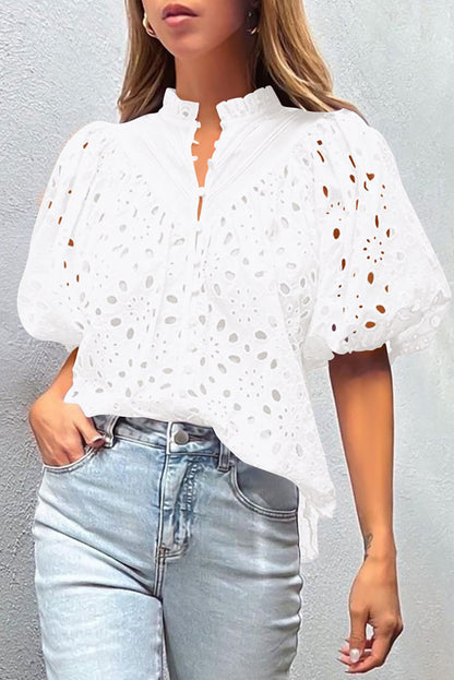 White Flower Embroidered Hollow-out Puff Sleeve Blouse