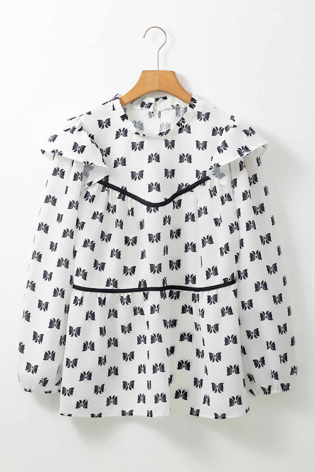 White Bow Knot Print Piping Trim Ruffled Crew Neck Blouse