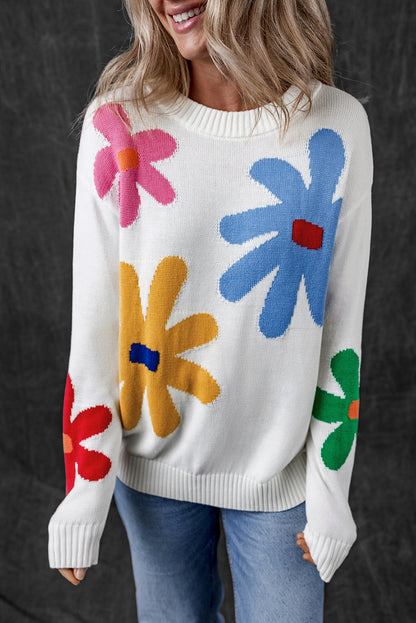 White Colorful Big Flower Pattern Crewneck Sweater