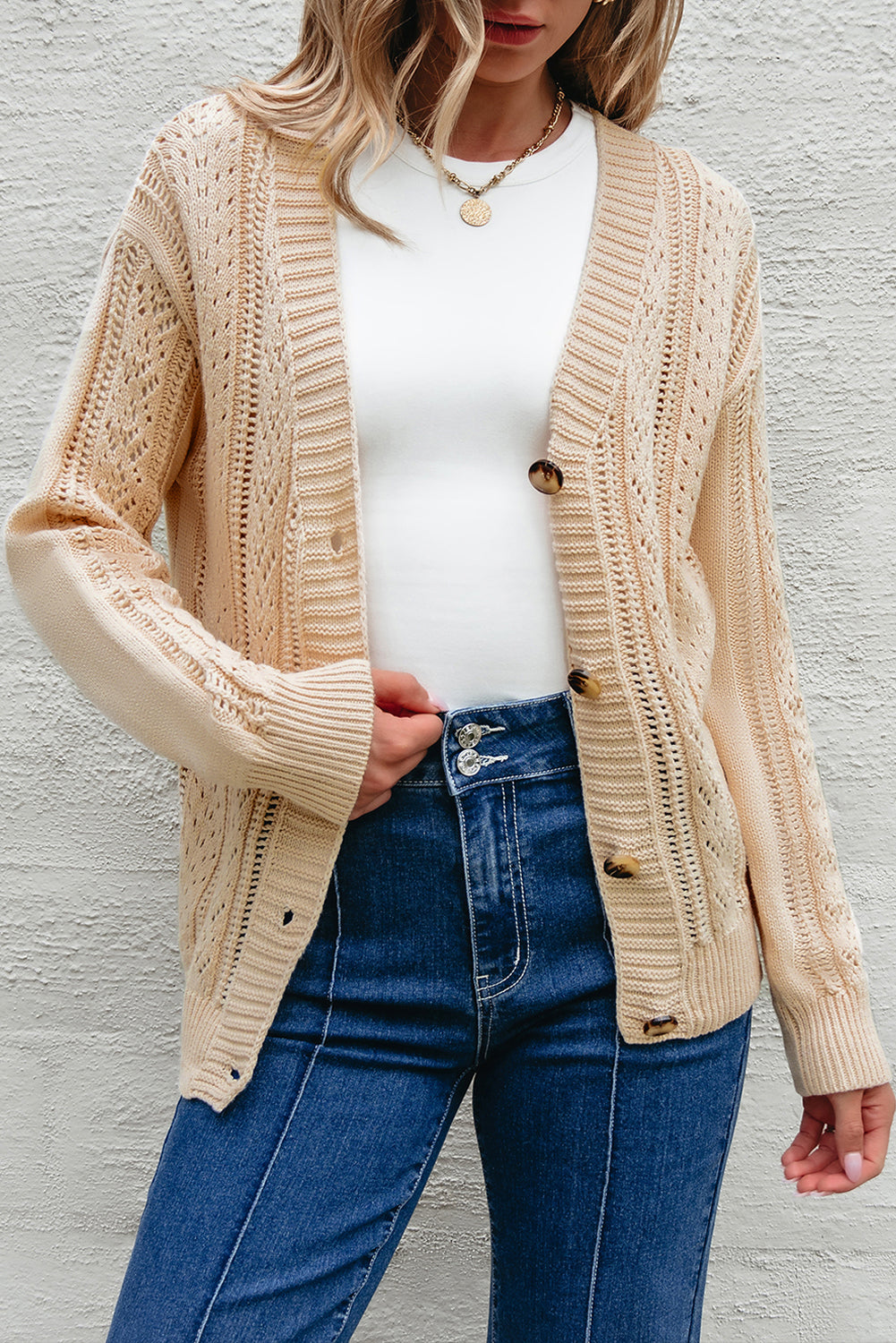 Beige Open Knit Drop Shoulder Sweater Cardigan