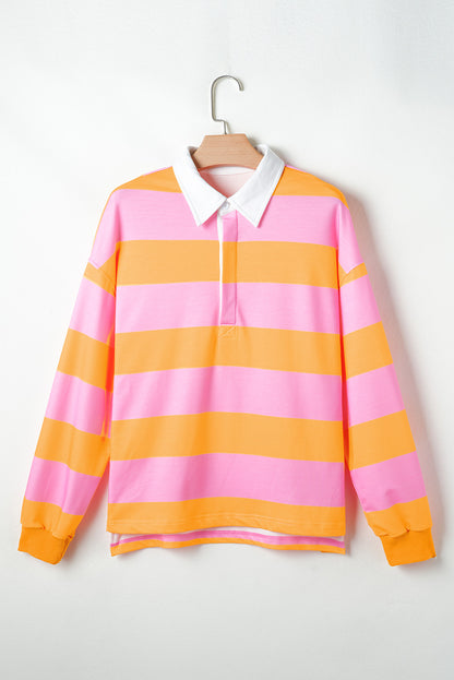 Yellow Stripe Color Block Polo Collar Sweatshirt