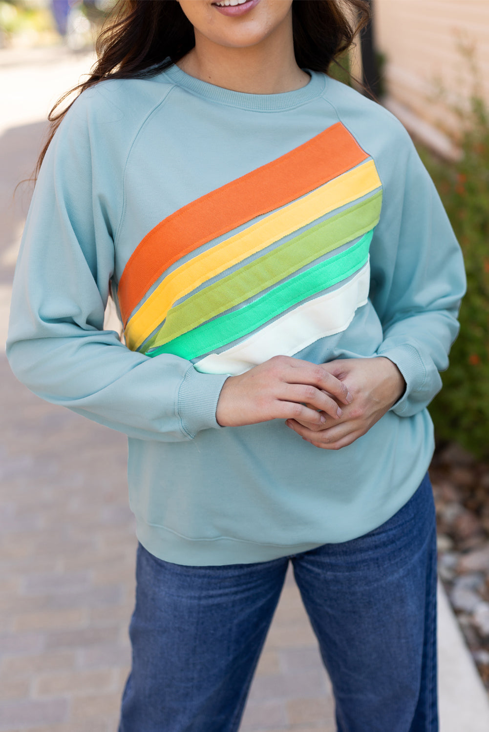 Beau Blue Rainbow Colorblock Striped Pullover Sweatshirt