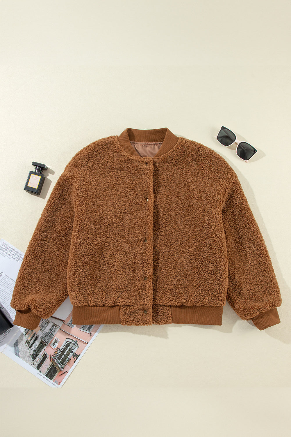 Redwood Burl Sherpa Ribbed Baseball Collar Bomber Jacket