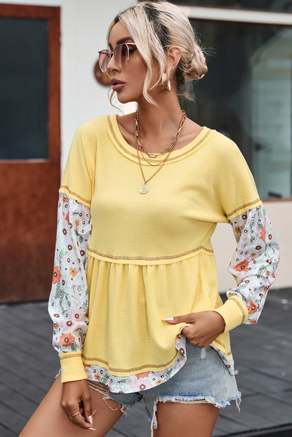 Yellow Floral Patchwork Waffle Knit Babydoll Blouse