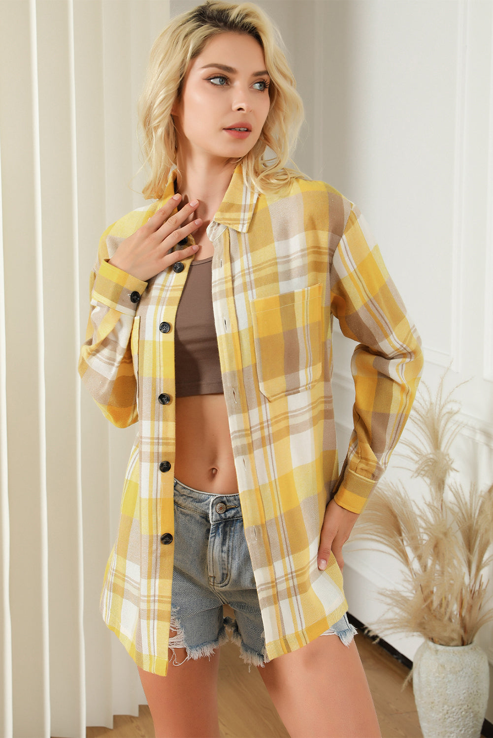 Yellow Plaid Button Up Patch Pocket Shirt