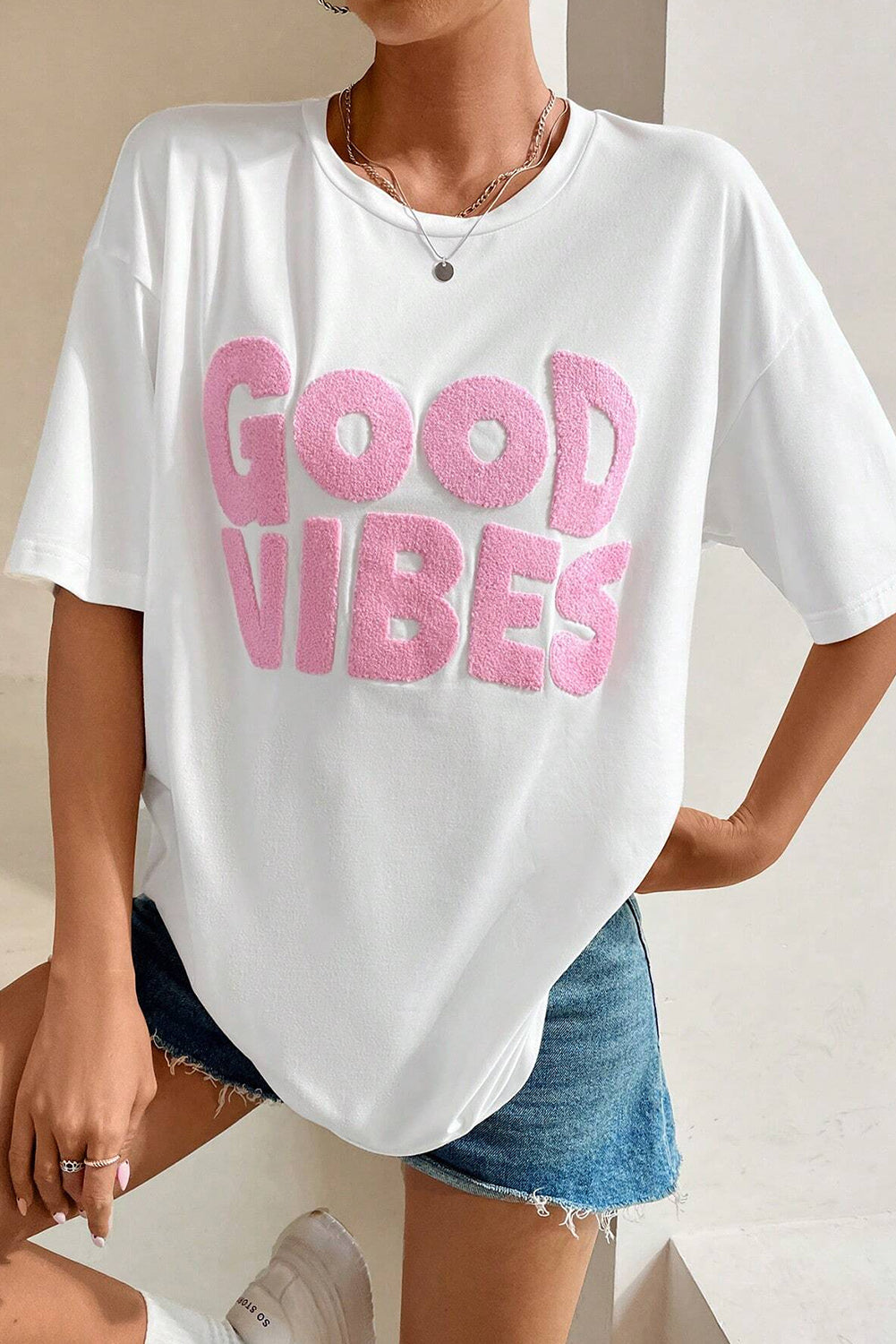 White GOOD VIBES Chenille Embroidered Crewneck T Shirt