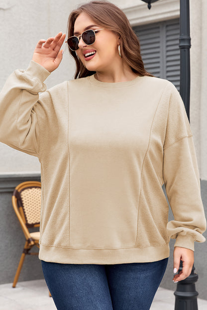 Apricot Loose Patchwork Crewneck Plus Size Sweatshirt