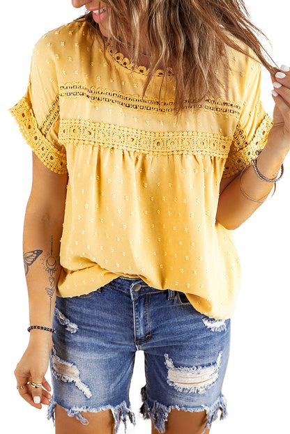 Swiss Dot Lace Splicing Short Sleeve Top