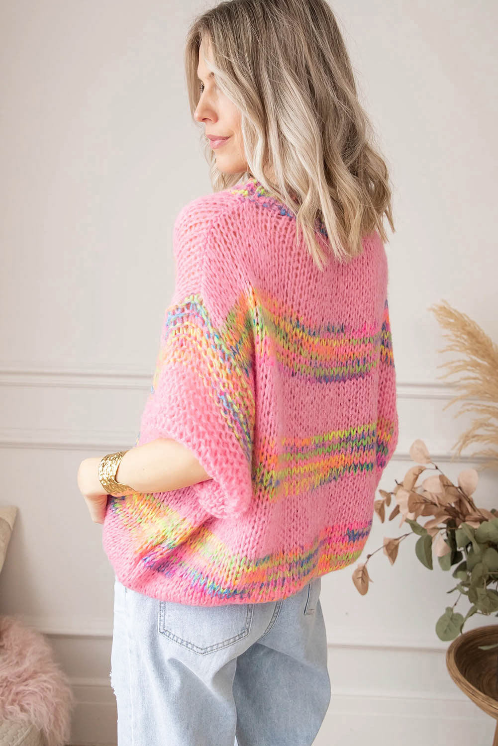 Rose Colorful Stripes 3/4 Sleeve Loose Sweater