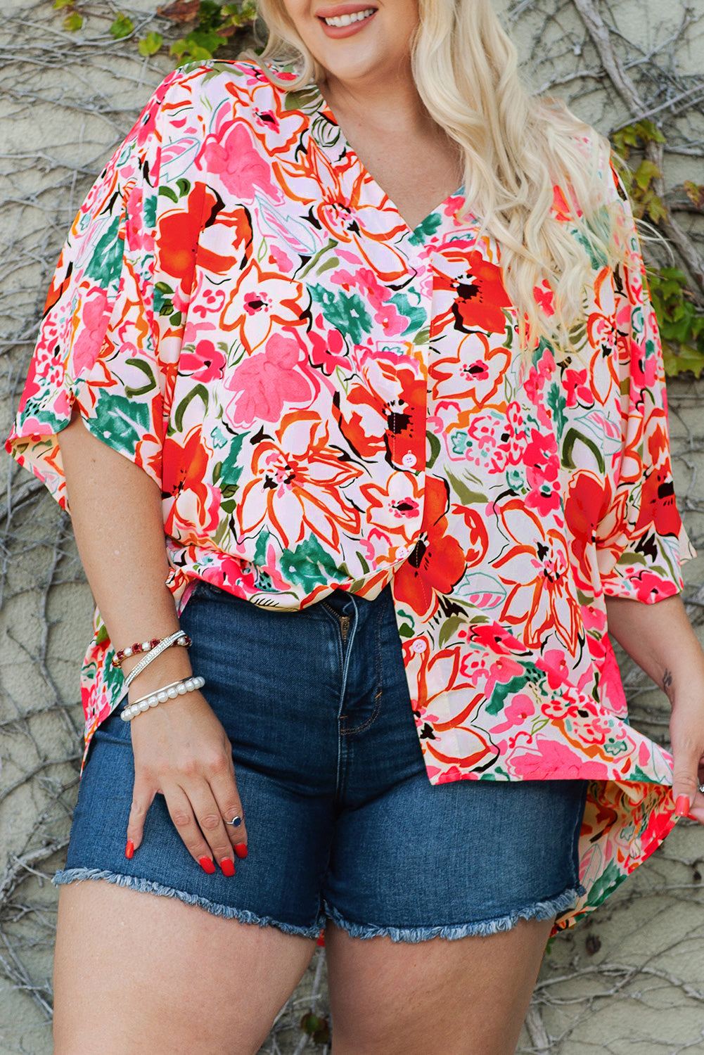 Rose Plus Size Floral Print Kimono Sleeve Shirt