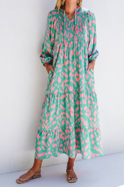 Green Abstract Print Puff Sleeve Long Dress