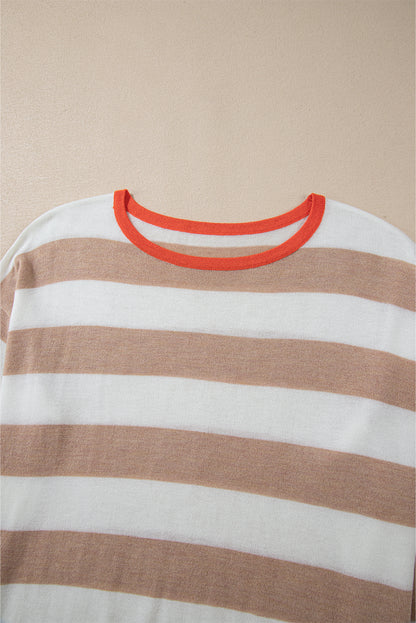 Apricot Colorblock Striped Round Neck Drop Shoulder Sweater