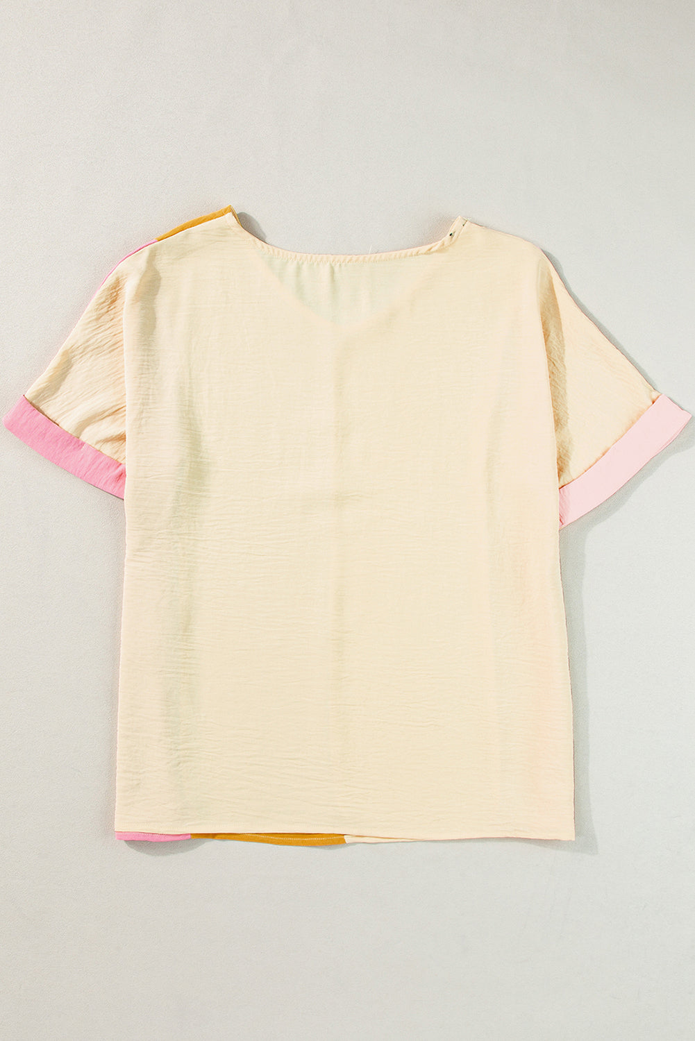 Apricot Crinkled Colorblock Patchwork V Neck T Shirt