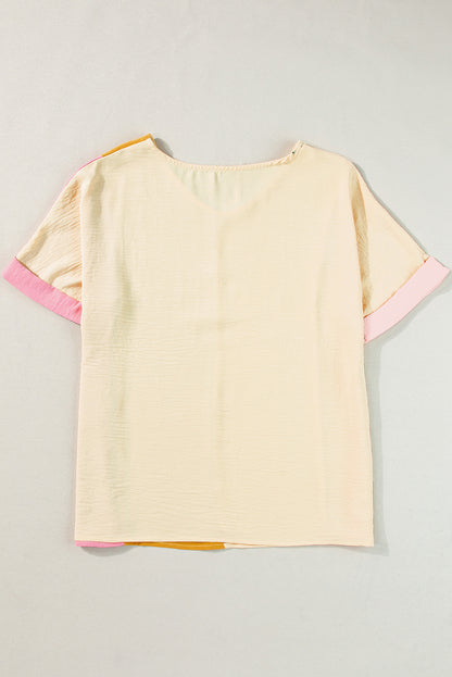 Apricot Crinkled Colorblock Patchwork V Neck T Shirt