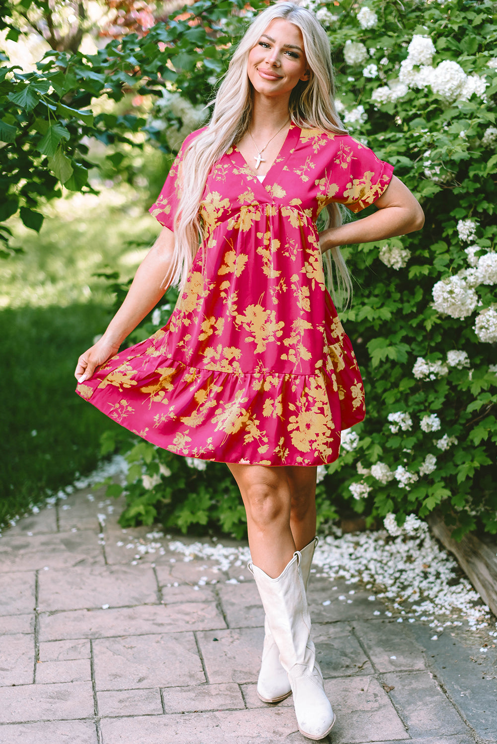 Rose Floral Print Batwing Sleeve Smock Dress