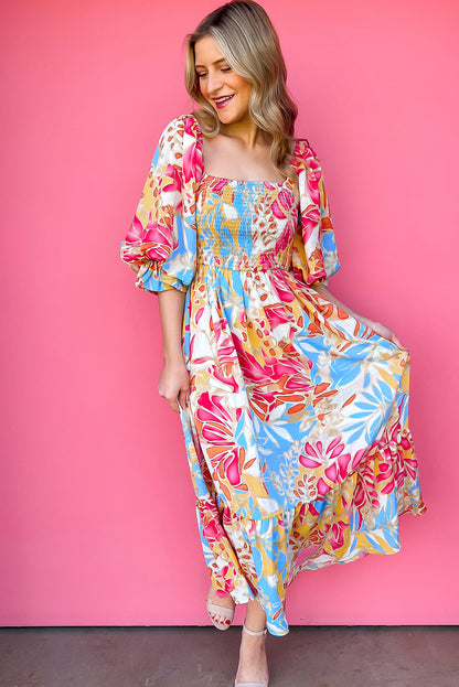 Rose Red Tropical Print Smocked Bodice Puff Sleeve Maxi Dress