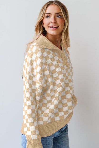 Apricot Checkered Buttons Collar V Neck Drop Shoulder Sweater