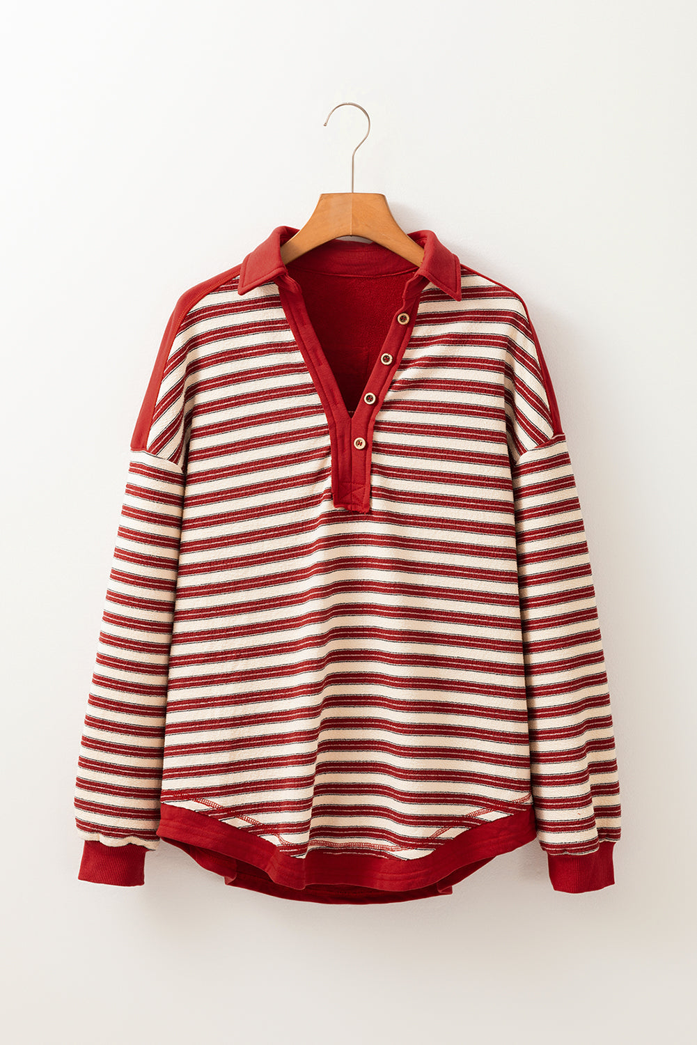 Red Stripe Buttoned V Neck Collared Drop Shoulder Top