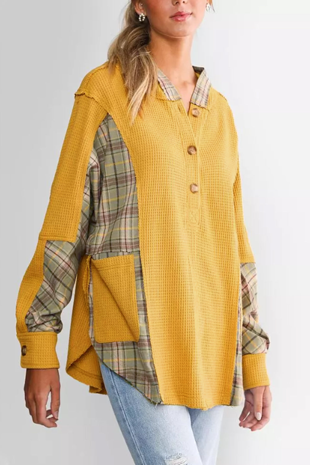 Yellow Waffle Knit Plaid Patchwork Pocketed Henley Hoodie