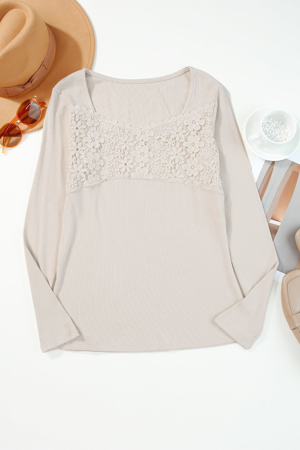 Beige Lace Crochet V Neck Long Sleeve Top