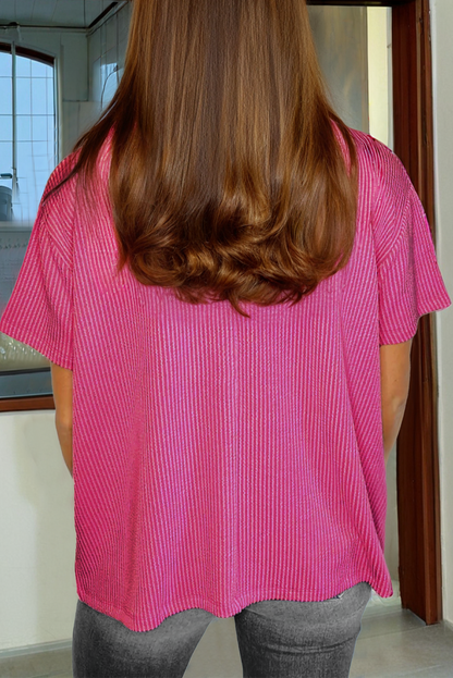 Pink Pocketed Knit T-Shirt - Loose Fit & Corded Design