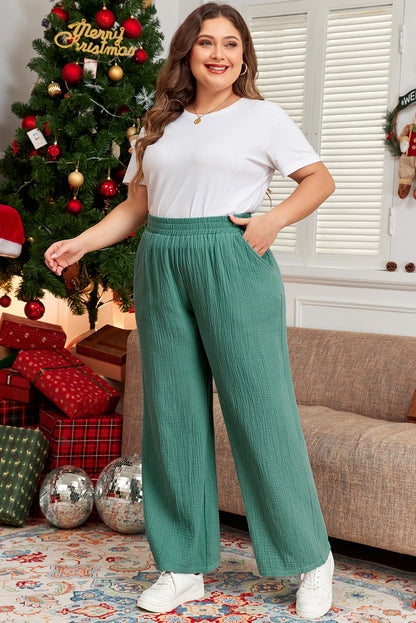 Smoke Green Plus Size Textured Frayed Edge Wide Leg Pants