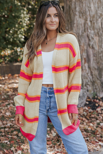 Stripe Printed Ribbed Long Knitted Cardigan