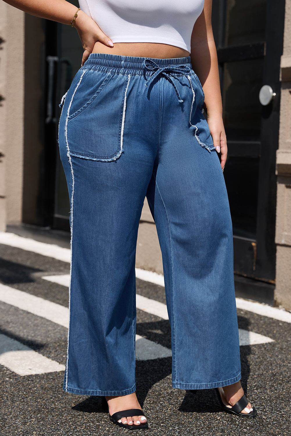 Sail Blue Washed Denim Chambray Loose Plus Size Pants