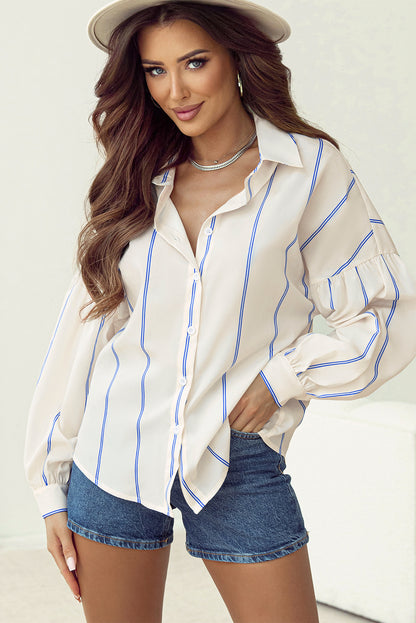 Sky Blue Stripe Drop Shoulder Bubble Sleeve Loose Shirt