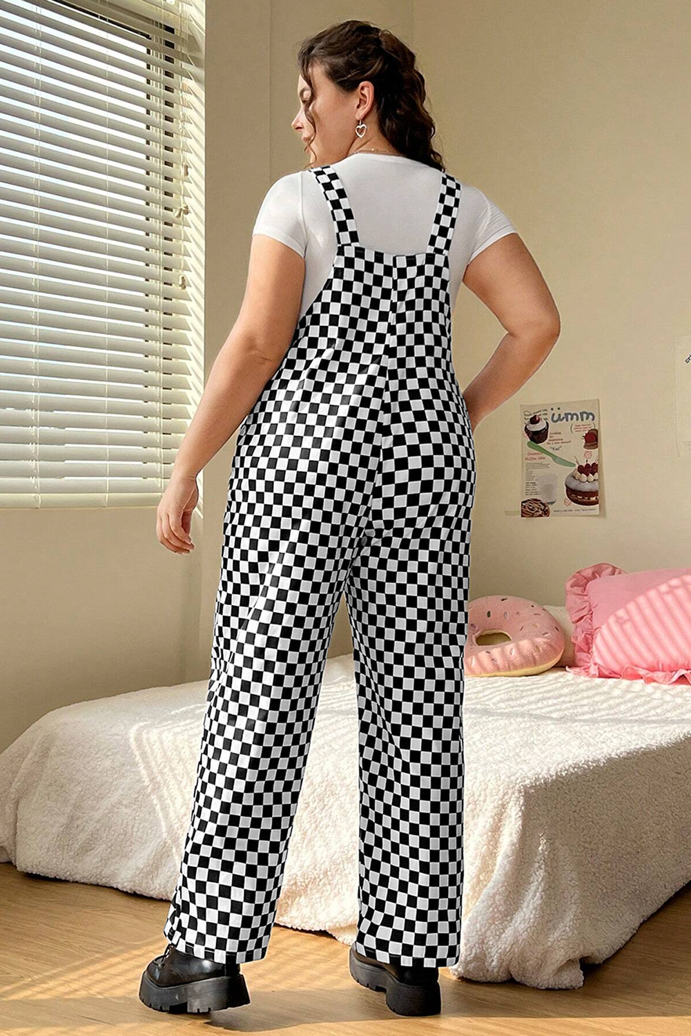 Black Checkered Print Pocketed Wide Leg Jumpsuit