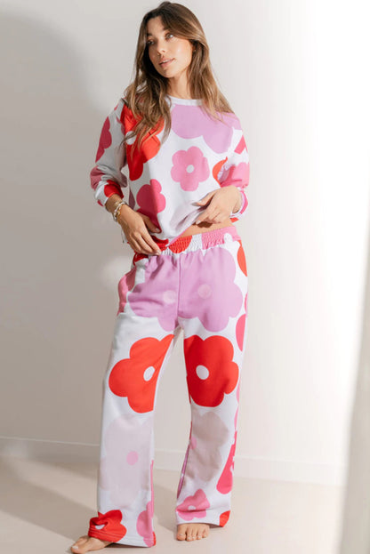 White Floral Print Pullover Top Sweatpants Lounge Set