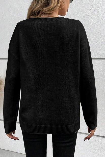 Black Boo Knitted Pattern Ribbed Edge Drop Shoulder Sweater