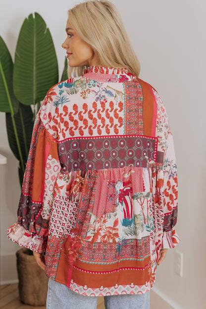 Red Boho Geometric Mixed Print Patchwork Bubble Sleeve Shirt