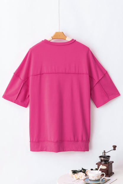 Rose Red Exposed Seam Button Neck Wide Sleeve Tunic Top