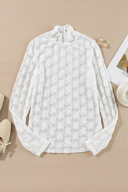 White Floral Lace High Neck Long Sleeve Top