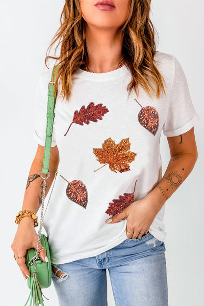 White Halloween Sequined Leaves Graphic Crew Neck T Shirt