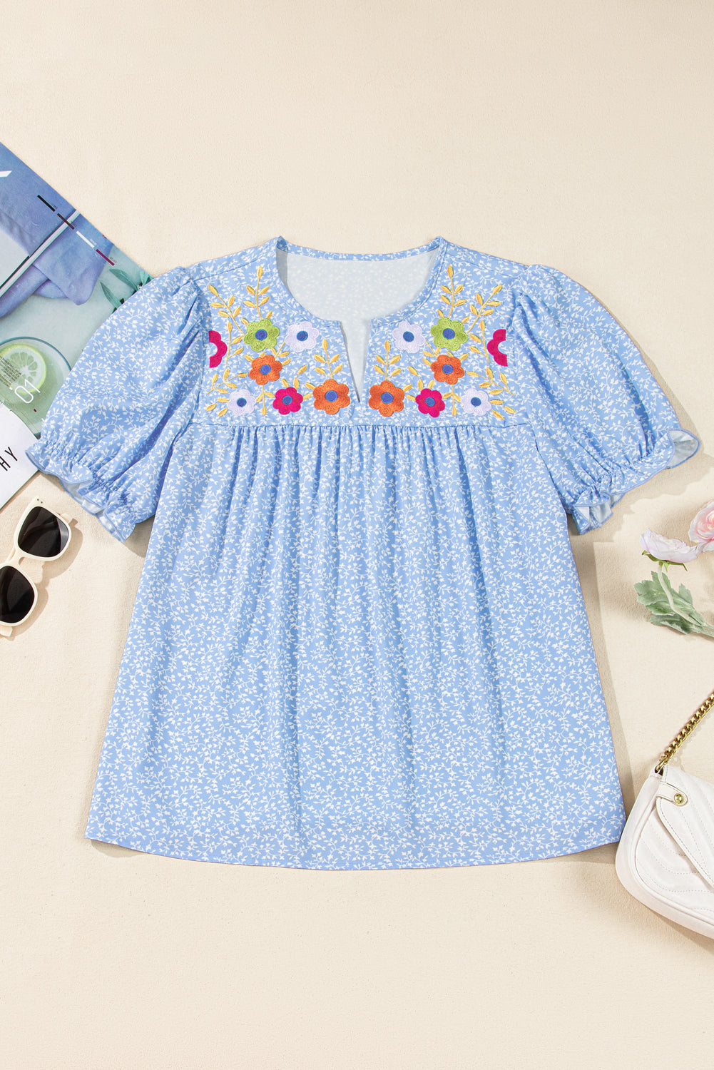 Sky Blue Floral Embroidered Puff Sleeve Notched V Neck Blouse