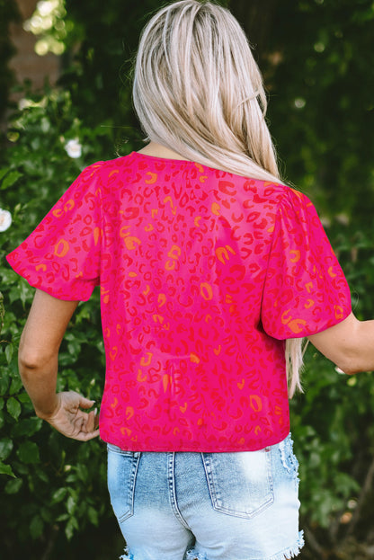 Rose Leopard Printed Puff Sleeve Top