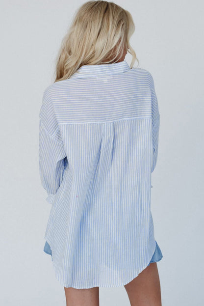 Sky Blue Stripe Ruffled Button up Long Sleeve Shirt