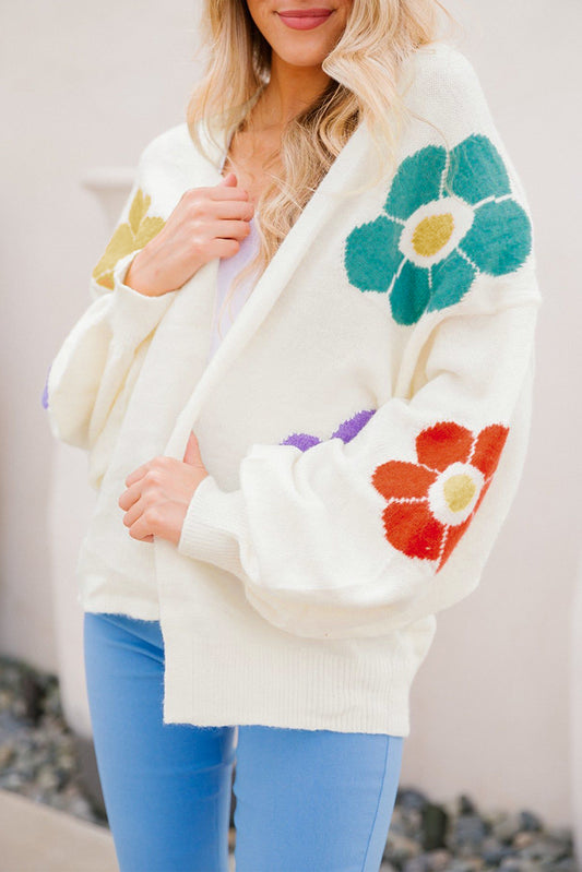 White Flower Jacquared Bubble Sleeve Open Cardigan