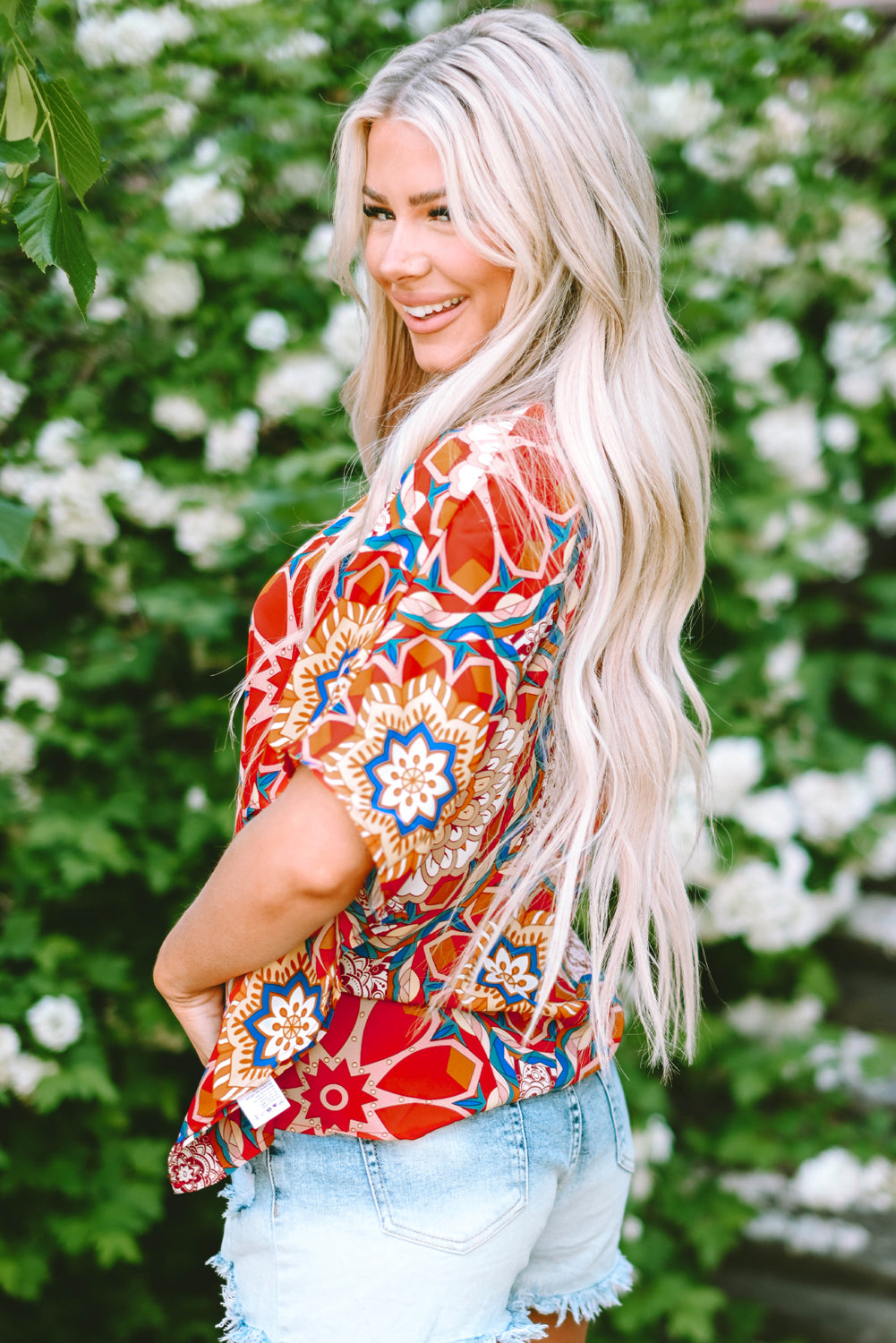 Red Floral Print Batwing Sleeve V Neck Blouse