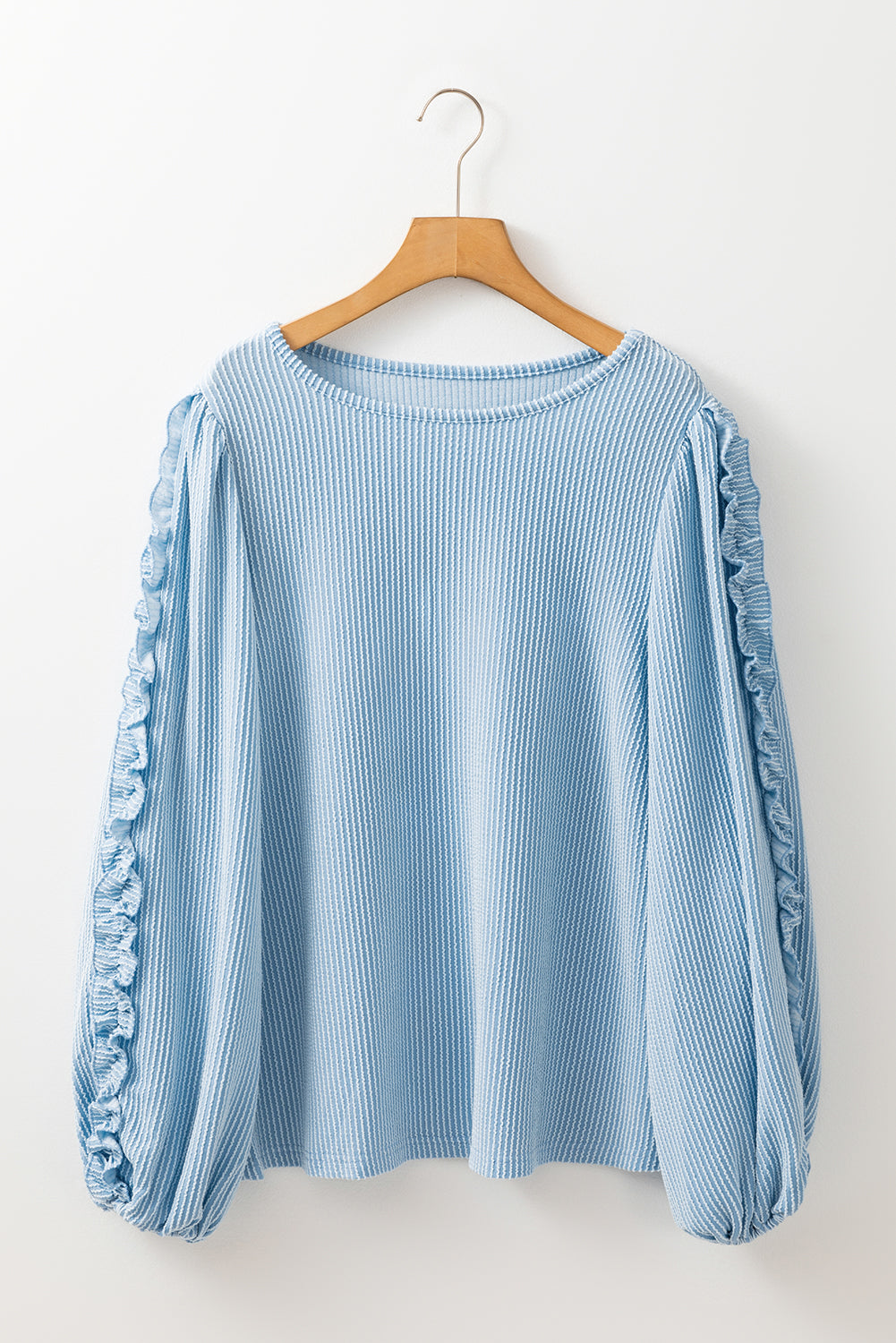 Mist Blue Corded Frilly Puff Sleeve Round Neck Blouse