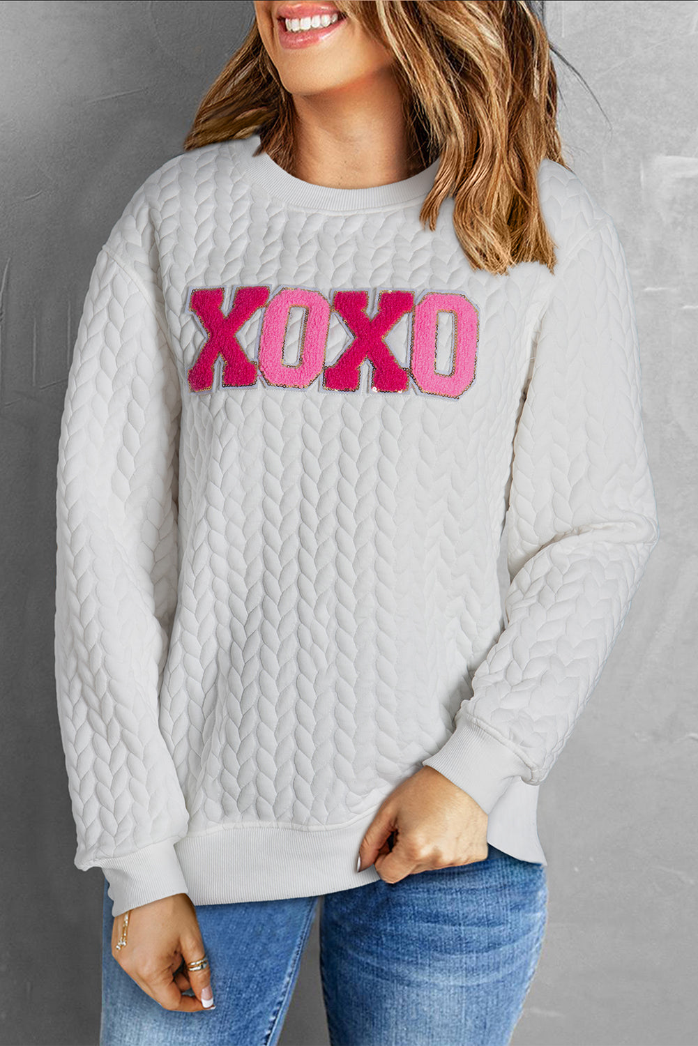 White XOXO Glitter Chenille Cable Knit Pullover Sweatshirt