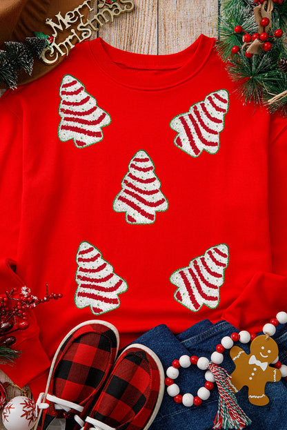 Red Playful Christmas Tree Patched Dropped Shoulder Sweatshirt