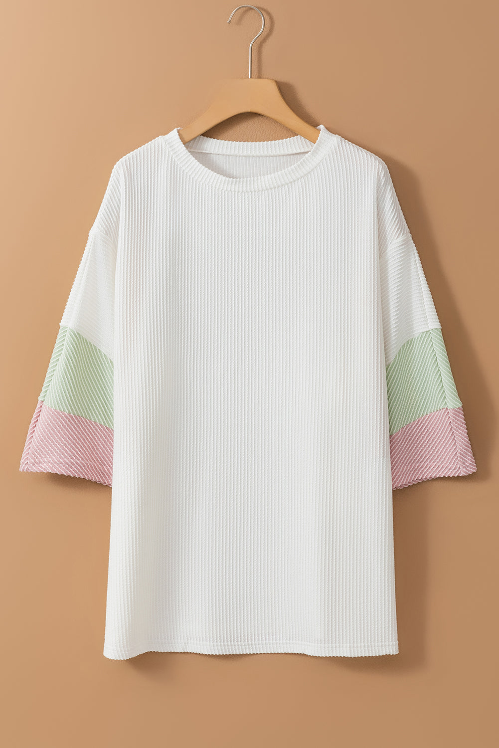 White Textured Colorblock Patchwork Half Sleeve Plus T Shirt