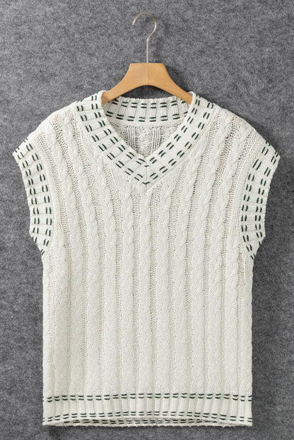 White Contrast Trim V Neck Cable Knit Sweater Vest