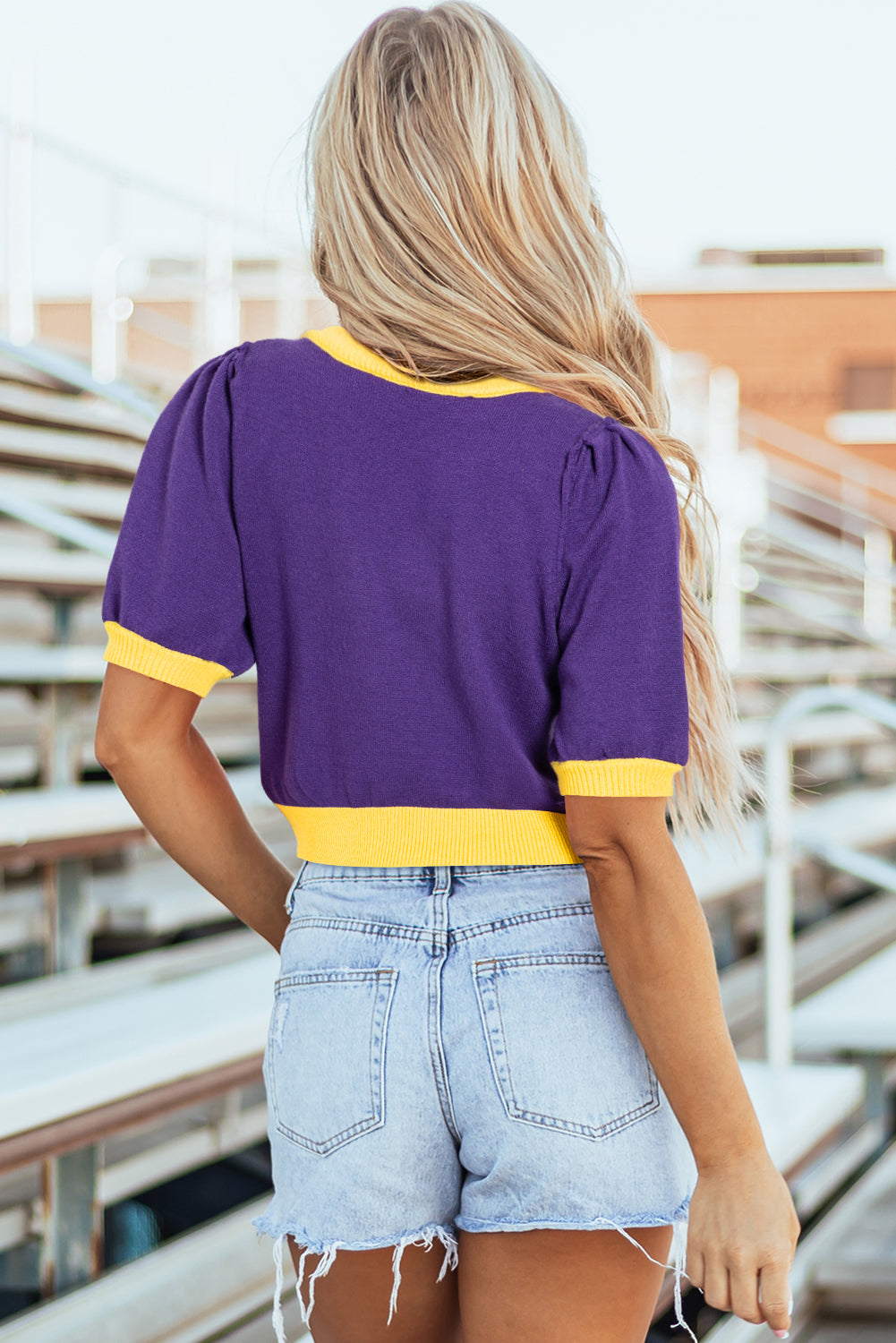 Purple Sequin Rugby Color Block Puff Short Sleeve Sweater