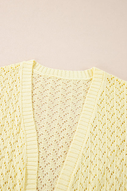 Yellow Cream Pointelle Knit Open Front Short Cardigan