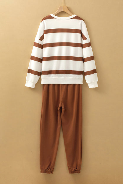 Brown Stripe Striped Drop Shoulder Pullover and Jogger Pants Set